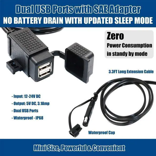 Alt view image 2 of 6 - MOTOPOWER MP0609C 3.1Amp Waterproof Motorcycle Dual USB Charger Kit SAE to USB Adapter Cable Phone Tablet GPS Charger