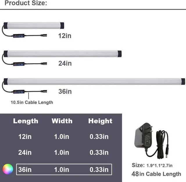 Alt view image 2 of 7 - Dimmable Under Cabinet Lighting, RGB LED Light Bar, RF Remote Control Lamp, Multicolor Under Counter Lights for Desk, Room, Cupboard, Hallway, Shelf, Closet (36 Inch)