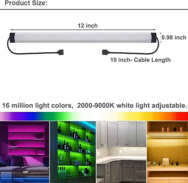 Alt view image 2 of 6 - RGB Under Cabinet Lights, LED Linkable Light Bar, 12 Inch Remote Closet Lights Work with Alexa, Google Home, Dimmable Multicolor Lighting for Desk, Shelf, Kitchen, Room (9 Pack)