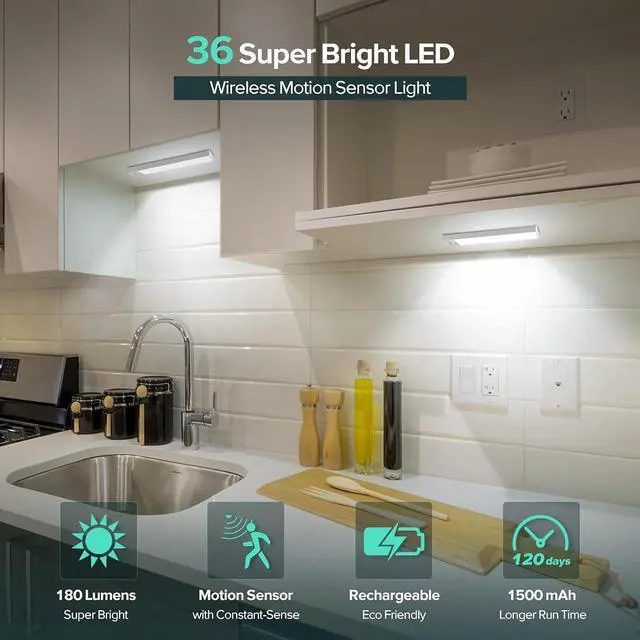 Alt view image 2 of 7 - 36 LED Closet Lights Motion Sensored Battery Powered LED Lights, Under Cabinet Lighting, Motion Sensor Light Indoor, Wireless Lights, 1500mah Rechargeable Battery Operated Lights (3 Pack)