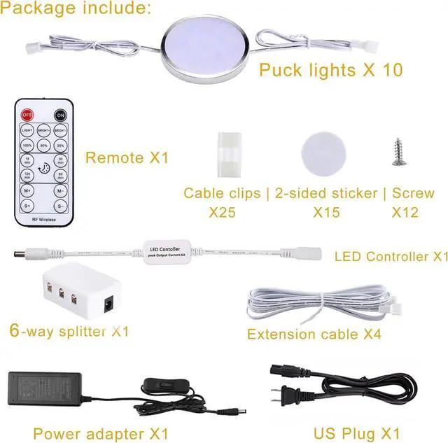 Alt view image 4 of 7 - LED Dimmable Under Cabinet Lighting Plug in,10 Pack Linkable Puck Lights with Remote Control,Hardwired Cabinet Lights with Timer for Kitchen Counter,Wardrobe,Bookcase (Warm White)