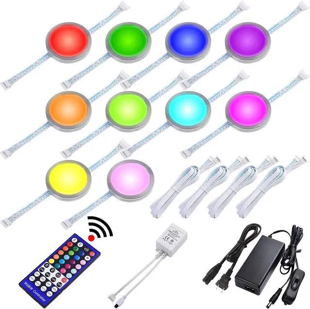 Main image of RGBWW Under Counter Light, LED Pucks for Holiday Decor Lighting, Red Green Blue & Warm White Color Changing, Remote Dimmable, Linkable, 110V Direct Hard Wired & Plug-in, 10 Lights