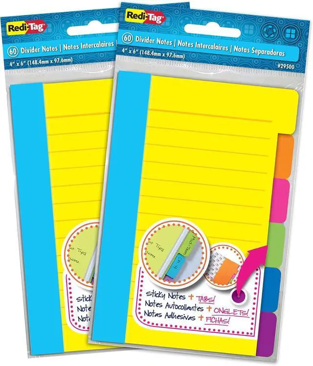 Main image of Redi-Tag Divider Sticky Notes, Tabbed Self-Stick Lined Notepads, Adhesive Notes for School, Home and Office, 120 Ruled Notes, 4" x 6", 2 Books Per Pack, Assorted Colors (B10290)
