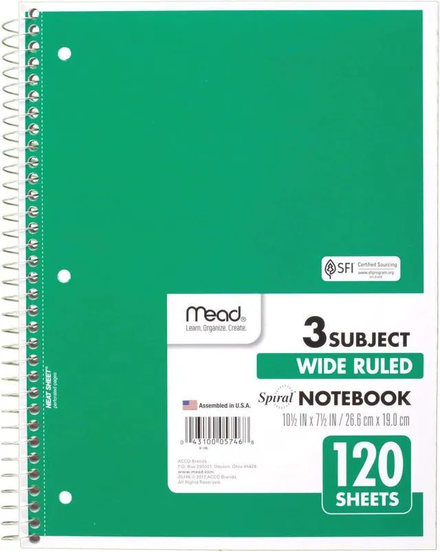 Alt view image 6 of 7 - Spiral Notebook, 3 Subject, Wide Ruled Paper, 7-1/2" x 10-1/2", 120 Sheets, Color Will Vary (930206-25)
