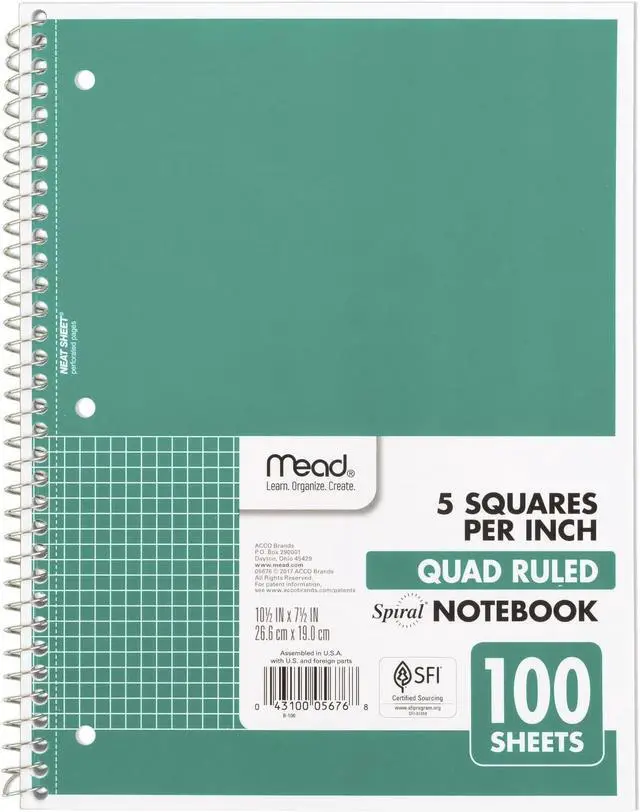 Main image of Mead Spiral Notebook, 1 Subject, Graph Ruled Paper, 7-1/2" x 10-1/2", 100 Sheets, Green (05676AC5)