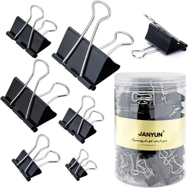 Main image of JANYUN 150Pcs Large Binder Clips 6 Assorted Sizes Paper Clamps Clip for Paper Metal Clip Office School Home Supplies (Black)