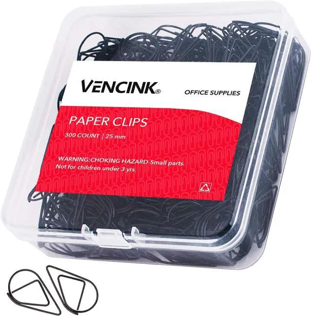 Main image of VENCINK Black Cute Drop-Shaped Paper Clips, 1 inch, 300 Pieces | Drop-Shaped, Stainless Steel, For Office School Home Desk Organizers, Wedding, Bookmarks & Planners