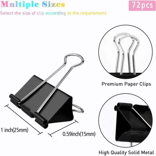 Alt view image 2 of 7 - Binder Clips, 72 Pack, 1 Inch, Standard 25mm, Black, Fold Clamp, Capacity 0.47 Inch, Metal Paper Clips, Office Clips, School & Home Use