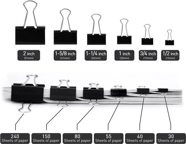 Alt view image 4 of 7 - Binder Clips, 72 Pack, 1 Inch, Standard 25mm, Black, Fold Clamp, Capacity 0.47 Inch, Metal Paper Clips, Office Clips, School & Home Use