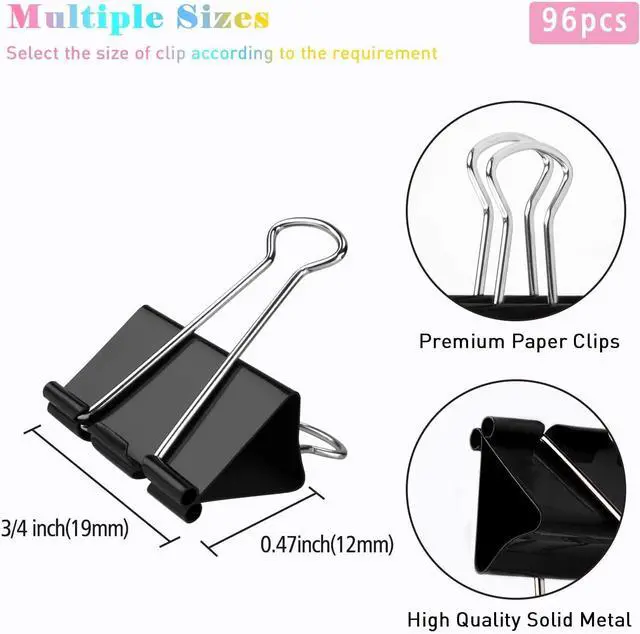 Alt view image 2 of 6 - Small Binder Clips, 96 Pack, 3/4 Inch, Standard 19mm, Black, Capacity 0.31 Inch, Fold Clamp, Paper Clips, Office Clips, School & Home Use
