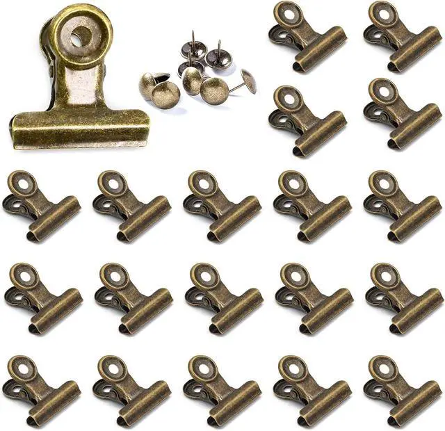 Main image of YUCHIYA 20 Pack Metal Clips with 20 Push-pins for Corkboard,Bulldog Clips for Hanging Pictures,Small Hinge Clips for Crafts,Mini Binder Clips Paper File Clamps for Office School(Bronze,1.2inch)