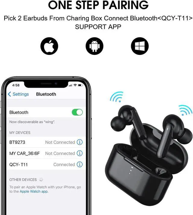 Alt view image 4 of 7 - QCY T11 True Wireless Earbuds with 4 Mics Noise Cancelling, in-Ear Detection Headphones Bluetooth 5.1, Deep Bass, App Customize, Touch Control, Type-C, 35H Paytime Earphone for Workout (Black)