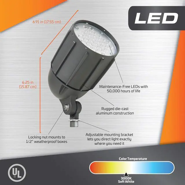 Alt view image 5 of 7 - 30-Watt Outdoor LED Flood Light, Weatherproof, Bronze. for use in Flag Pole, Flood, backyards, Playground, and Landscape Lighting Applications.