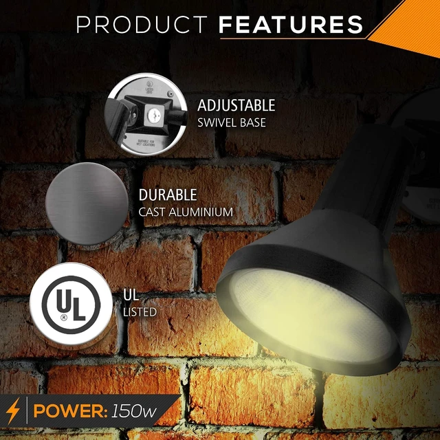 Alt view image 3 of 7 - Ciata 15" Outdoor Security Flood Light 2 Head with Heavy Duty Cast Aluminum Body 150W PAR38 Weather Proof Black Finish (2 Pack)