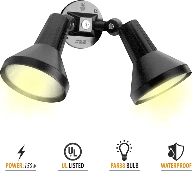 Alt view image 2 of 7 - Ciata 15" Outdoor Security Flood Light 2 Head with Heavy Duty Cast Aluminum Body 150W PAR38 Weather Proof Black Finish (2 Pack)