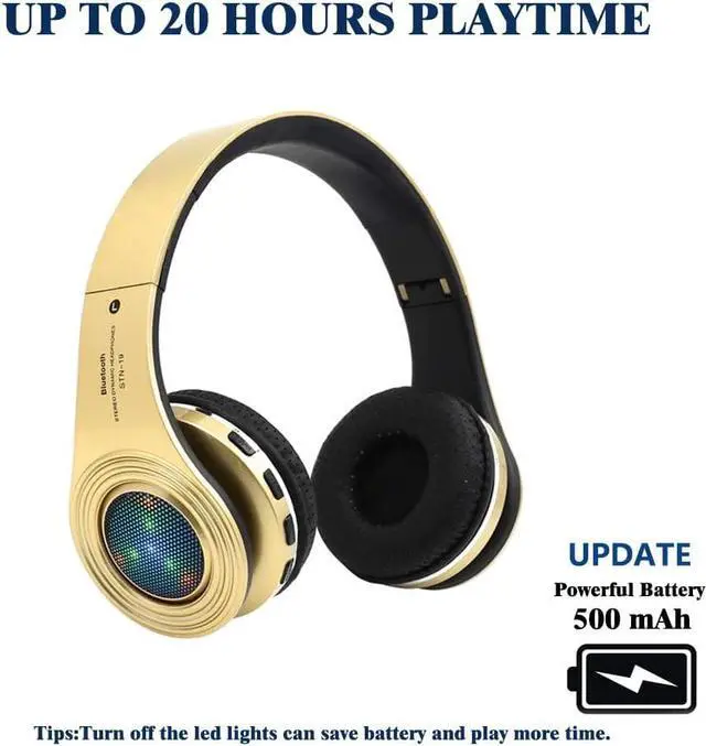 Alt view image 2 of 6 - Bluetooth Headphones Wireless,Over Ear LED Light Up Headset with Mic, Stereo Sound,for Cellphone Tablets Computer for Kids Children Boy Adult-Gold