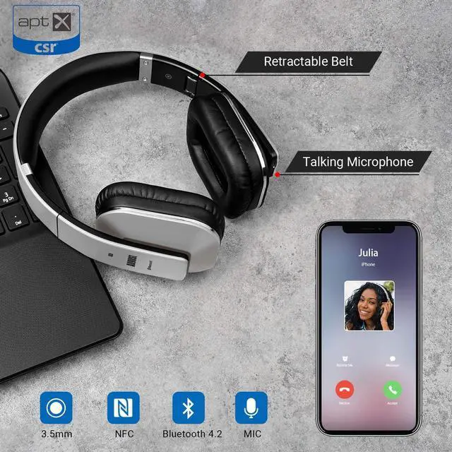 Alt view image 5 of 7 - August EP650 Bluetooth Wireless Over Ear Headphones with aptX LL Low Latency/Multipoint/NFC / 3.5mm Audio in/Headset Microphone - Silver