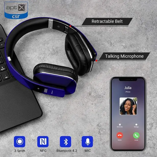 Alt view image 5 of 7 - August EP650 Bluetooth Wireless Over-Ear Headphones - Blue | aptX Low Latency, NFC, Multipoint Pairing, Wired Option, Built-in Microphone, Audio EQ