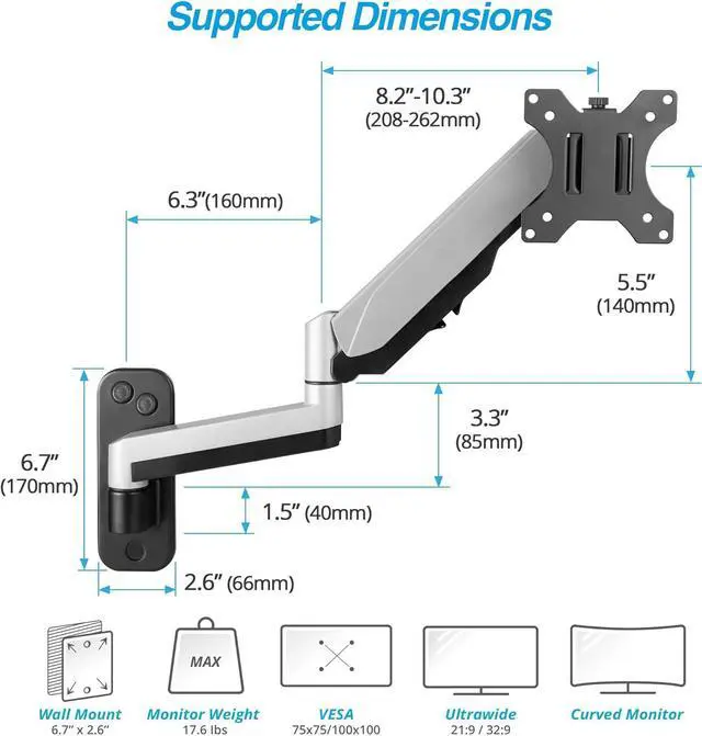 Alt view image 2 of 7 - AVLT Single 13"-32" Monitor Wall Mount fits One Flat/Curved Computer Monitor Full Motion Height Swivel Tilt Rotation Adjustable Monitor Arm - VESA/Cable Management