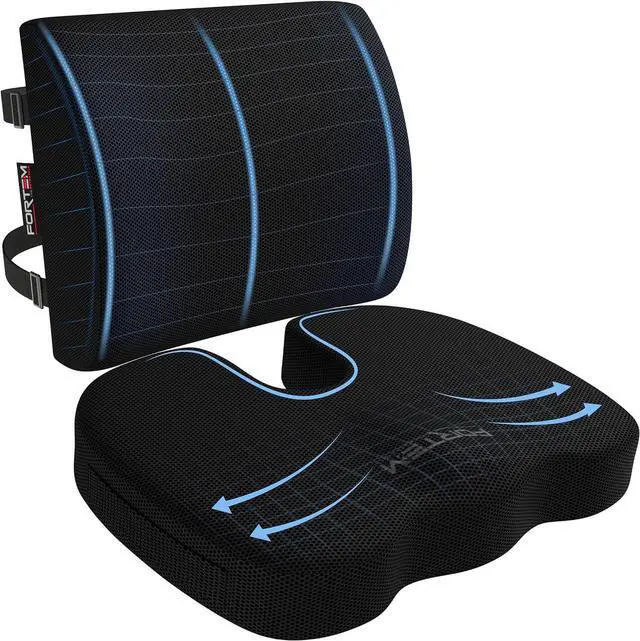 Main image of FORTEM Seat Cushion & Lumbar Support for Office Chair, Wheelchair, Car | Memory Foam | Ergonomic Design | Washable Cover | Non Slip | Black
