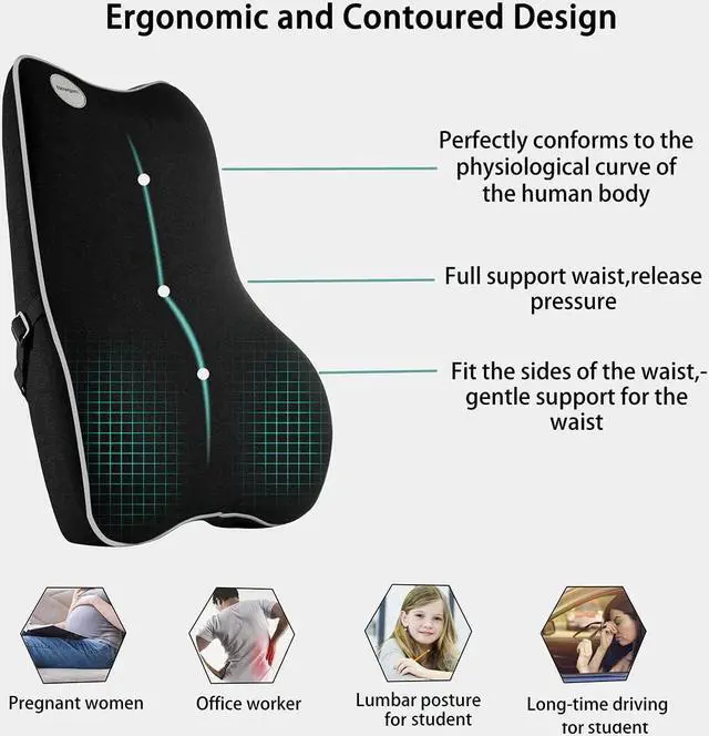 Alt view image 4 of 6 - Newgam Lumbar Support Pillow,Pure Memory Foam Back Cushion Orthopedic Backrest with Breathable 3D Mesh for Car Seat,Office Chair,Computer Chair,Wheelchair and Recliner.Ergonomic Design (Grey Edge)