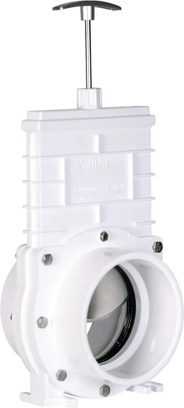 Main image of 4" PVC Gate Valve, slip/hub fittings with stainless steel paddle for Koi/Slurry Ponds, Aquaculture, Sewer lines & more, White (6401)