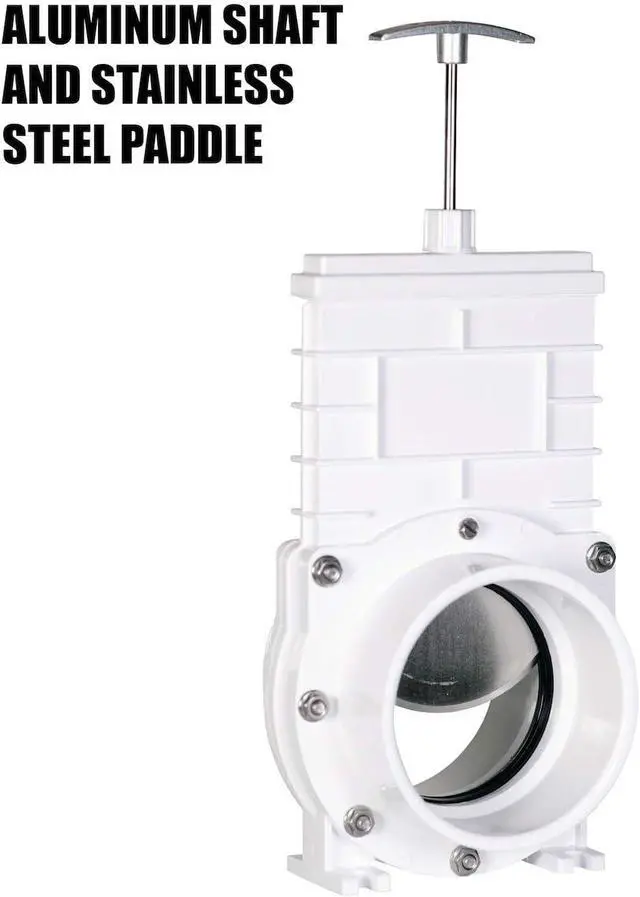 Alt view image 3 of 5 - 4" PVC Gate Valve, slip/hub fittings with stainless steel paddle for Koi/Slurry Ponds, Aquaculture, Sewer lines & more, White (6401)