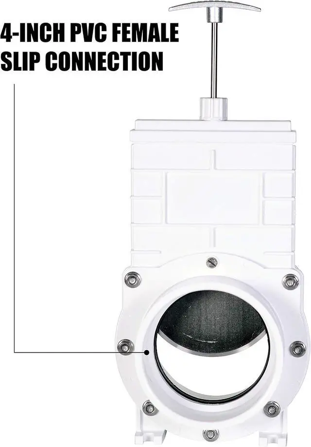 Alt view image 4 of 5 - 4" PVC Gate Valve, slip/hub fittings with stainless steel paddle for Koi/Slurry Ponds, Aquaculture, Sewer lines & more, White (6401)
