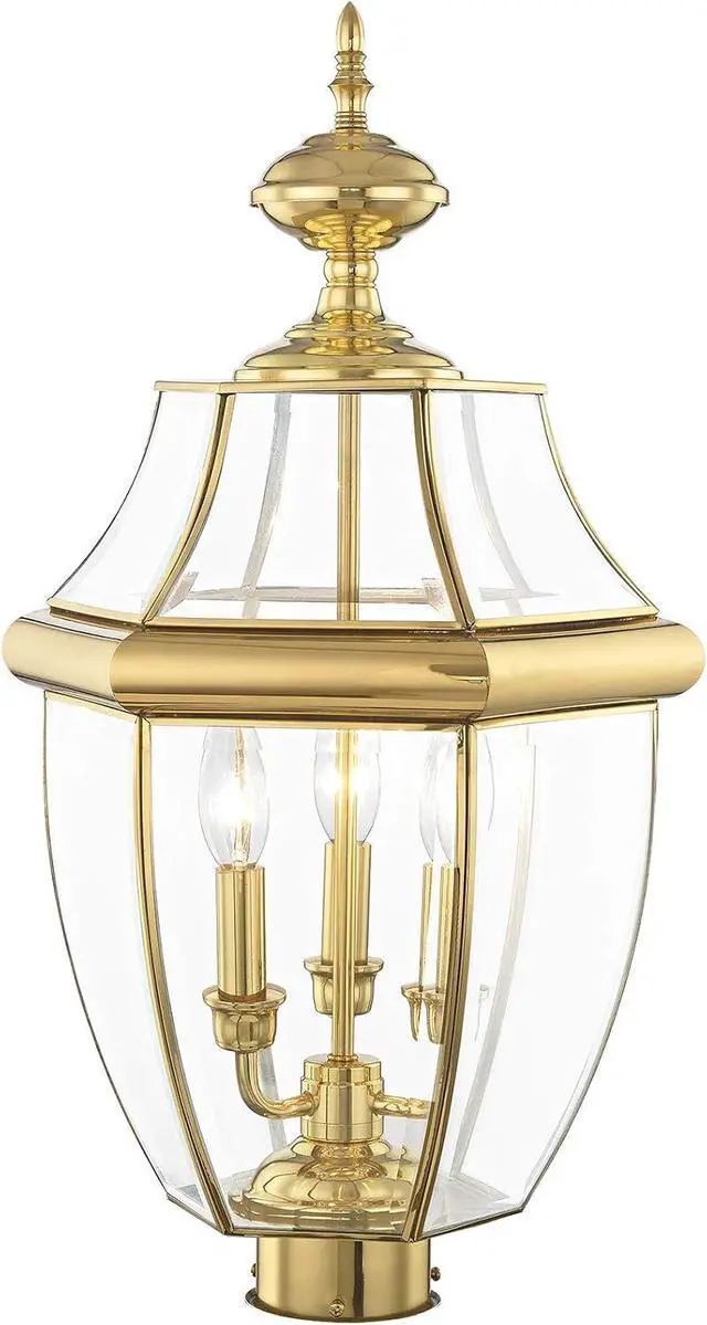 Alt view image 2 of 5 - Livex Lighting Lantern 2354-02 Monterey 3 Light Outdoor Polished Brass Finish Solid Brass Post Head with Clear Beveled Glass, 17" x 9" x 11"