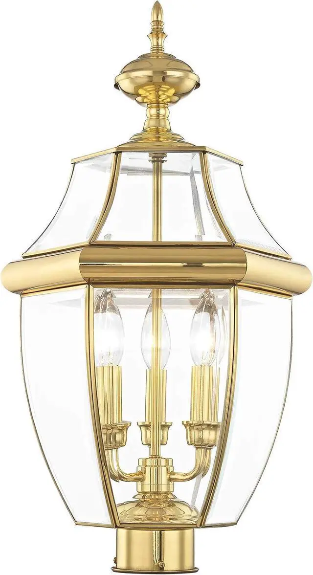 Alt view image 4 of 5 - Livex Lighting Lantern 2354-02 Monterey 3 Light Outdoor Polished Brass Finish Solid Brass Post Head with Clear Beveled Glass, 17" x 9" x 11"
