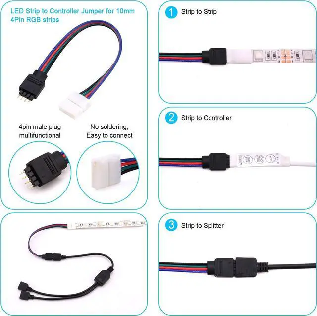 Alt view image 4 of 7 - 4Pin RGB LED Strip Connector Kit - Include 5050 2 Way RGB Splitter Cable, 6.6feet RGB Extension Cable, RGB Controller Jumper, LED RGB Jumper, L and T Shape Connectors, Male Connector, LED Strip Clip