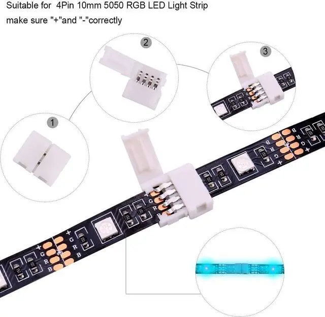 Alt view image 6 of 7 - 4Pin RGB LED Strip Connector Kit - Include 5050 2 Way RGB Splitter Cable, 6.6feet RGB Extension Cable, RGB Controller Jumper, LED RGB Jumper, L and T Shape Connectors, Male Connector, LED Strip Clip