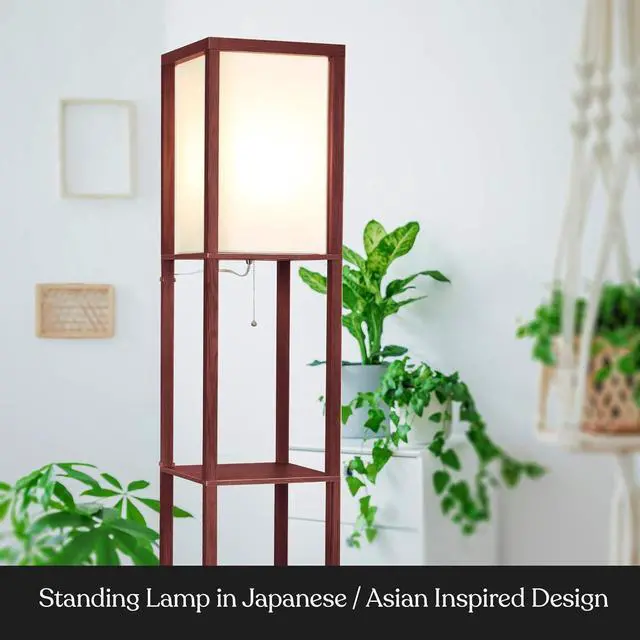 Alt view image 6 of 7 - Brightech Maxwell - Modern Shelf Floor Lamp with Lamp Shade and LED Bulb - Corner Display Floor Lamps with Shelves for Living Room, Bedroom and Office - Walnut Brown