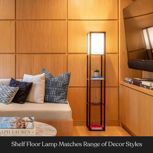 Alt view image 2 of 7 - Brightech Maxwell - Modern Shelf Floor Lamp with Lamp Shade and LED Bulb - Corner Display Floor Lamps with Shelves for Living Room, Bedroom and Office - Walnut Brown