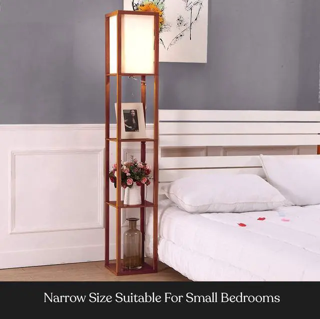 Alt view image 4 of 7 - Brightech Maxwell - Modern Shelf Floor Lamp with Lamp Shade and LED Bulb - Corner Display Floor Lamps with Shelves for Living Room, Bedroom and Office - Walnut Brown