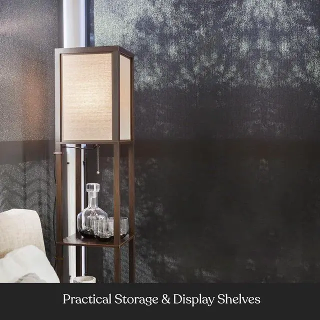 Alt view image 3 of 7 - Brightech Maxwell - Modern Shelf Floor Lamp with Lamp Shade and LED Bulb - Corner Display Floor Lamps with Shelves for Living Room, Bedroom and Office - Walnut Brown