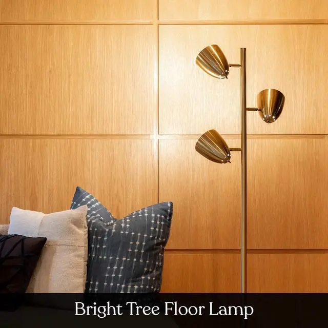 Alt view image 2 of 7 - Brightech Jacob LED Standing Lamp, Modern Bright Floor Lamps for Living Rooms & Bedrooms, Tall LED Lighting Lamp with Adjustable 3 Light Tree  Antique Brass/Gold