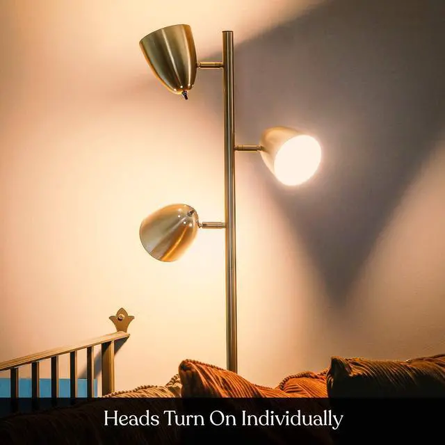 Alt view image 7 of 7 - Brightech Jacob LED Standing Lamp, Modern Bright Floor Lamps for Living Rooms & Bedrooms, Tall LED Lighting Lamp with Adjustable 3 Light Tree  Antique Brass/Gold