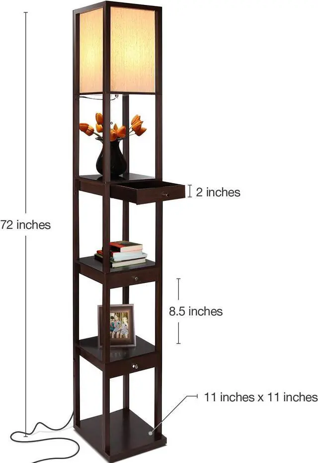 Alt view image 2 of 7 - Brightech Maxwell Drawer Edition - Modern Shelf Floor Lamp with Drawer - Corner Display Floor Lamps with Shelves for Living Room, Bedroom and Office - Havana Brown
