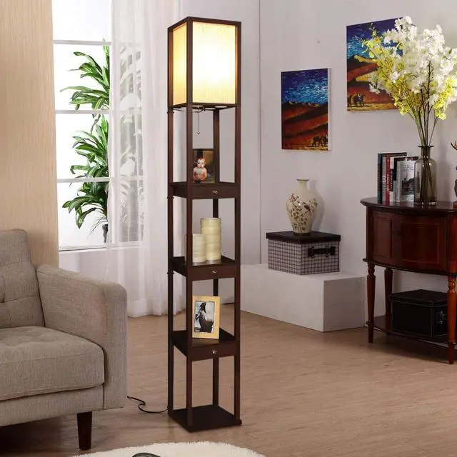 Alt view image 6 of 7 - Brightech Maxwell Drawer Edition - Modern Shelf Floor Lamp with Drawer - Corner Display Floor Lamps with Shelves for Living Room, Bedroom and Office - Havana Brown