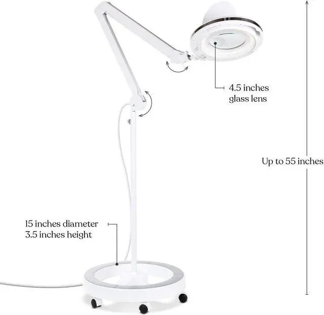 Alt view image 2 of 7 - Brightech LightView Pro Magnifying Glass with Light and Stand, Magnifying Floor Lamp with a 6-Wheel Rolling Base for Facials, Lash Estheticians, Dimmable LED Work Light for Sewing, Crafts