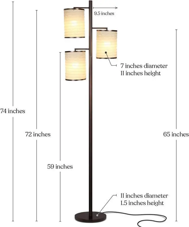 Alt view image 2 of 7 - Brightech Liam Tall Tree Lamp with Asian Lantern Shade for Living Rooms and Offices - Standing Lamp with 3 LED Bulbs for Bedroom Reading - Bronze