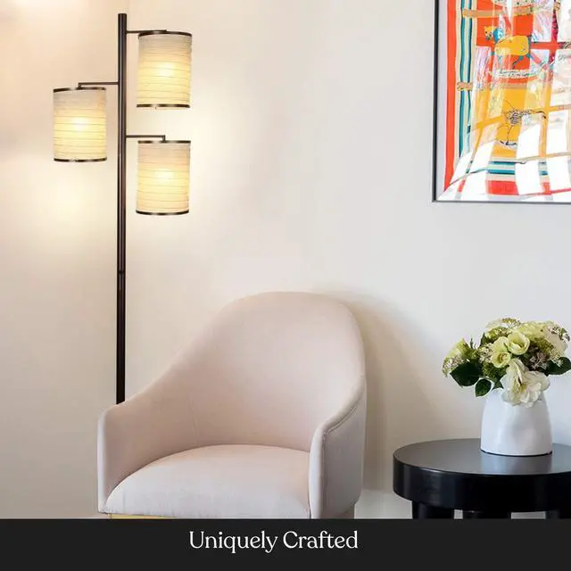 Alt view image 6 of 7 - Brightech Liam Tall Tree Lamp with Asian Lantern Shade for Living Rooms and Offices - Standing Lamp with 3 LED Bulbs for Bedroom Reading - Bronze