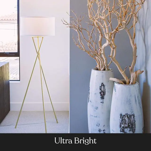 Alt view image 2 of 7 - Brightech Jaxon LED Floor lamp, Modern Lamp for Living Rooms & Offices, Tall Lamp with Contemporary Drum Shade, Gold Tripod Standing Lamp for Bedroom Reading, Great Living Room Decor - Brass
