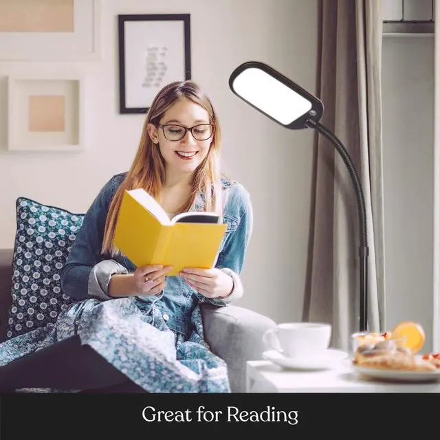 Alt view image 7 of 7 - Brightech Litespan Slim LED Floor Lamp - Modern Reading Light Over Chair for Living Rooms & Offices, Tall With Adjustable Gooseneck, Crafts Work Light, Dimmable Standing for Bedroom - Wood