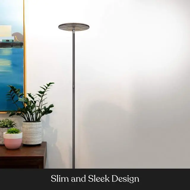 Alt view image 6 of 7 - Brightech Sky Flux Dimmable LED Floor Lamp  Super Bright Floor Lamp for Living Room and Offices  Torchiere Standing Lamp with 3 Light Options, Tall Lamp for Bedroom Reading and More - Bronze