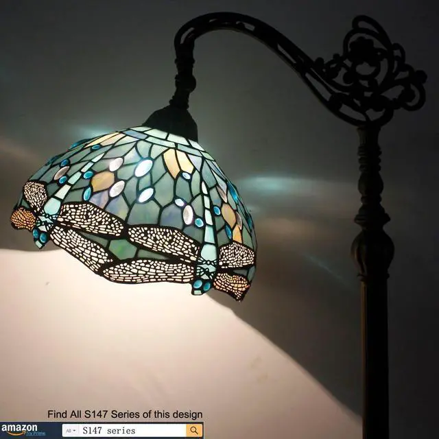 Alt view image 2 of 7 - WERFACTORY Tiffany Floor Lamp Sea Blue Stained Glass Dragonfly Arched Lamp 12X18X64 Inches Gooseneck Adjustable Corner Standing Reading Light Decor Bedroom Living Room S147 Series