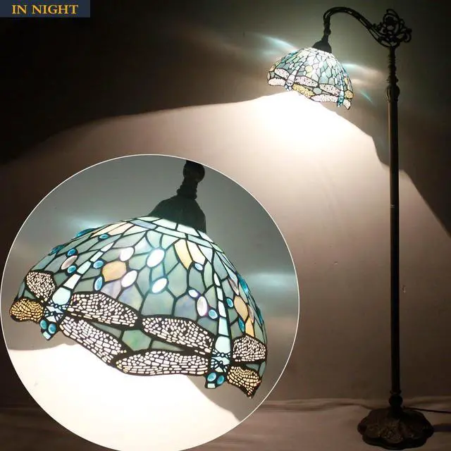 Alt view image 4 of 7 - WERFACTORY Tiffany Floor Lamp Sea Blue Stained Glass Dragonfly Arched Lamp 12X18X64 Inches Gooseneck Adjustable Corner Standing Reading Light Decor Bedroom Living Room S147 Series