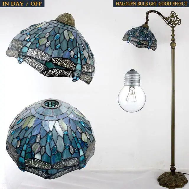 Alt view image 5 of 7 - WERFACTORY Tiffany Floor Lamp Sea Blue Stained Glass Dragonfly Arched Lamp 12X18X64 Inches Gooseneck Adjustable Corner Standing Reading Light Decor Bedroom Living Room S147 Series