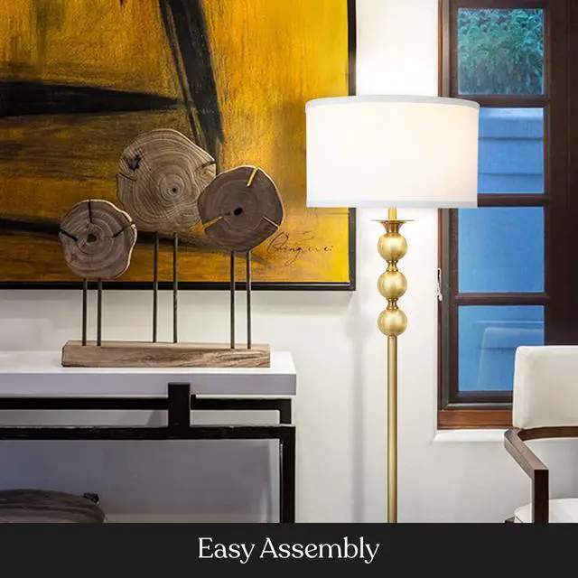 Alt view image 4 of 7 - Brightech Riley LED Floor lamp, Boho Lamp for Living Rooms & Offices, Great Living Room Décor, Mid-Century Standing Lamp for Bedroom Reading, Tall Lamp with Drum Shade - Gold/Brass